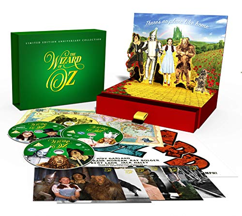 "The Wizard of Oz" Blu-ray box set with discs, box, and promotional materials.