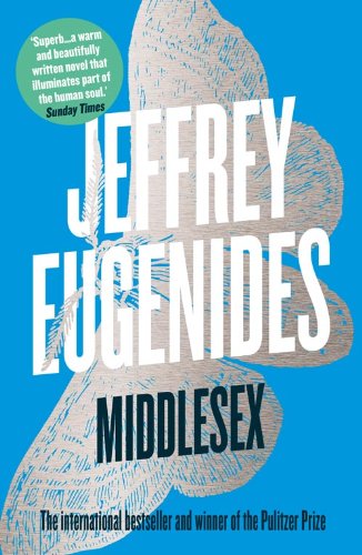 The alt text for the image is: "Book cover of 'Middlesex' by Jeffrey Eugenides, blue background with butterfly."