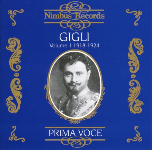 "Blue album cover with gold trim, featuring a black-and-white portrait of Beniamino Gigli."