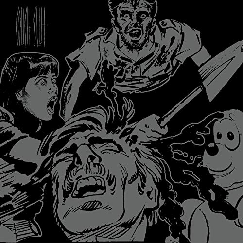 "Black and white CD cover art featuring a chaotic scene with zombies and a screaming woman."