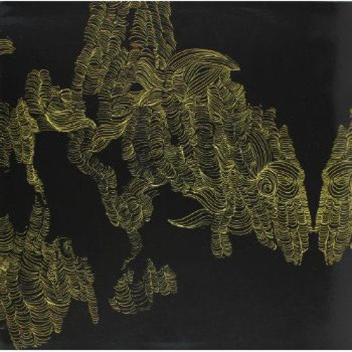The image depicts a black vinyl record sleeve with gold abstract fish designs.