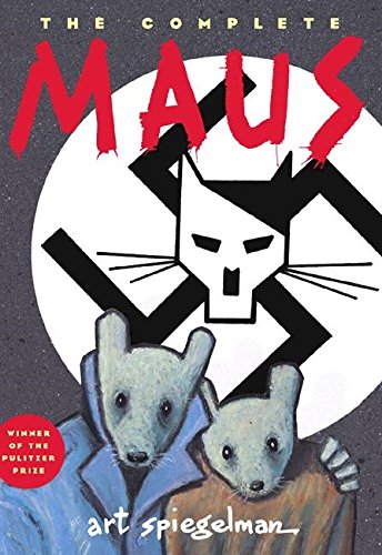 "Book cover of 'The Complete MAUS' featuring anthropomorphic mice and a swastika."