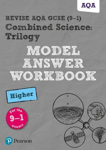 "Grey workbook cover with 'Model Answer Workbook' text and science illustrations."