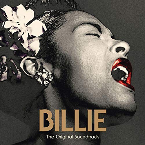 "CD cover featuring a black-and-white image of Billie Holiday with red lips and a flower."
