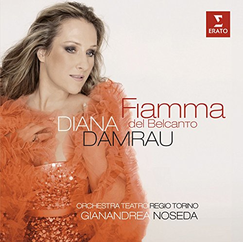 Diana Damrau in orange dress and feathered shawl on album cover with text and logo.