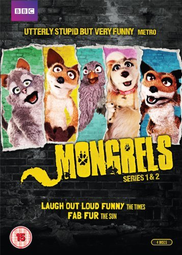"Mongrels Series 1 & 2" DVD cover featuring cartoon dogs against a brick wall.