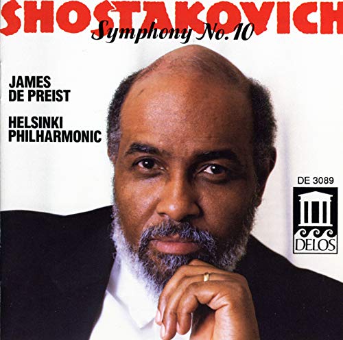 Album cover with a man, conductor James DePreist, and text "Shostakovich Symphony No. 10".
