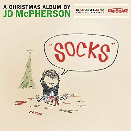 Album cover with cartoon man unwrapping socks, Christmas tree in background, beige tone.