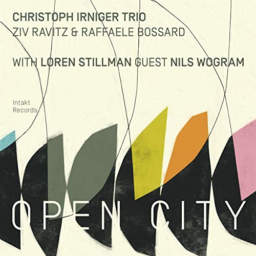 The image depicts a CD cover for "Christoph Irniger Trio - Open City". Here is a concise, descriptive alt text: "CD cover with abstract shapes in muted colors and 'Open City' text."