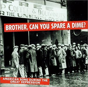 "Black and white image of men queuing outside a building with red text overlays."