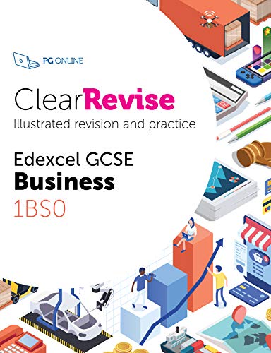 The image is a cover for a business study guide. A concise alt text for this image is "Study guide cover with business and education illustrations and text."
