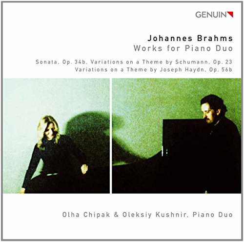 "CD cover with a man and woman, piano duo, and Johannes Brahms' works listed."