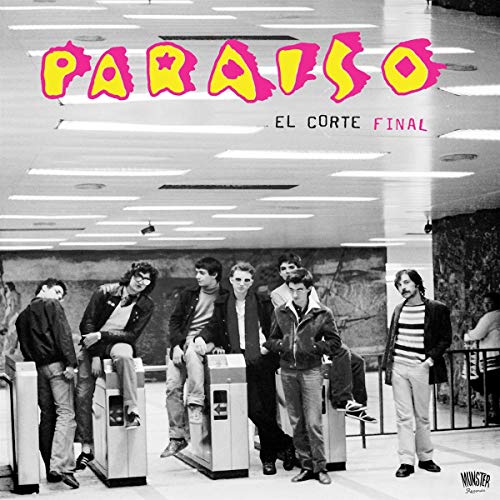 Black and white vinyl album cover with men standing at ticket barriers, pink and yellow text.