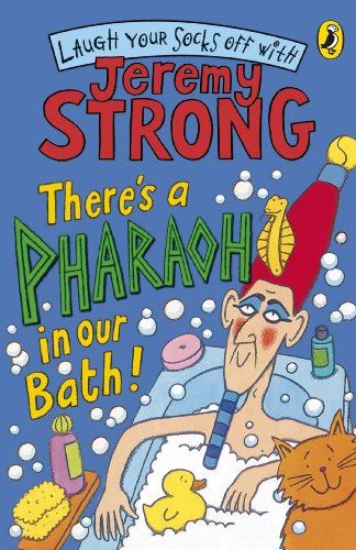 "Cartoon man in a bubble bath with a pharaoh hat, surrounded by a cat and rubber duck."