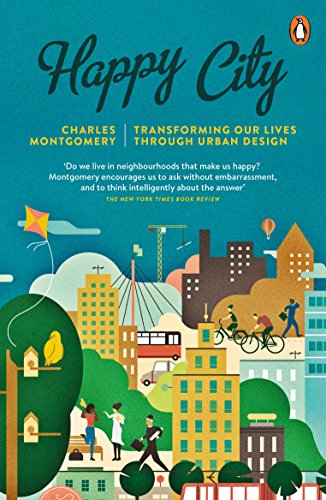 "Book cover of 'Happy City' with cartoon cityscape and people, against a blue background."