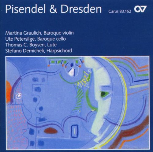 A CD cover with abstract blue design and white text 'Pisendel & Dresden'.