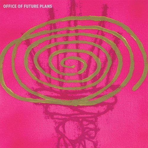 "Pink vinyl record cover with green spiral design and faint, darker pink abstract pattern."