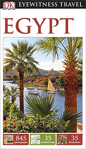 "Travel guide book cover with palm trees and sailboat on the Nile River."