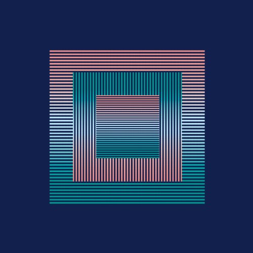A square graphic with layered, striped patterns in pink, blue, and green on a dark blue background.