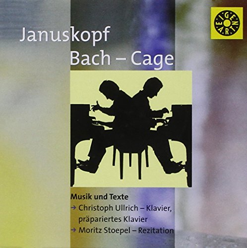 "CD cover with silhouettes of two pianists playing a piano together, blurry background."