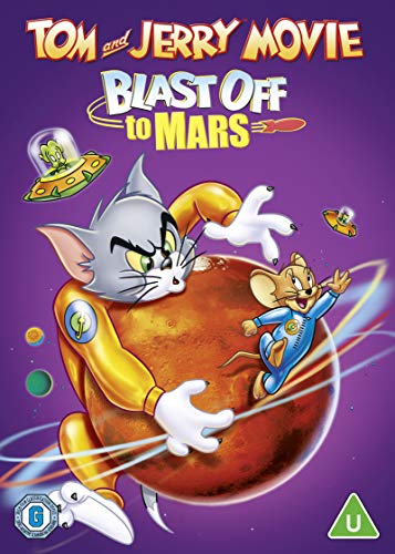 "Tom and Jerry DVD cover featuring cartoon characters on Mars with spaceships."