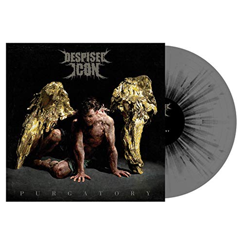 "Album cover featuring a man kneeling between two gold statues against a dark background."