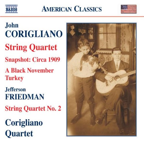 "CD cover with sepia-toned image of two men playing string instruments, white background."