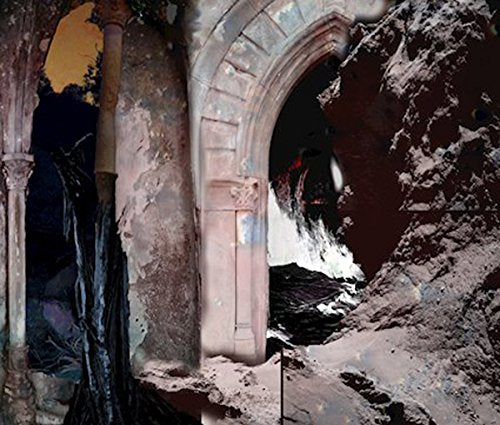The image depicts a damaged arched doorway with a dark, mysterious atmosphere. Alt text: Damaged stone archway with dark, mysterious background and debris.