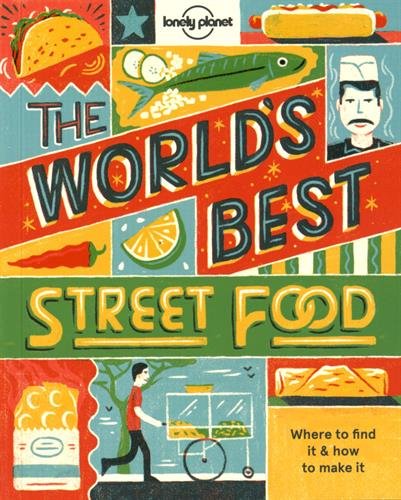 "Colorful book cover featuring illustrations of various street foods and a street vendor."