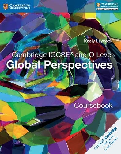 "Textbook cover with multicolored abstract shapes and white text, titled 'Cambridge IGCSE and O Level Global Perspectives'."