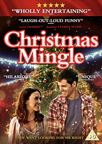 "Christmas Mingle DVD cover featuring a man and woman in front of a Christmas tree."
