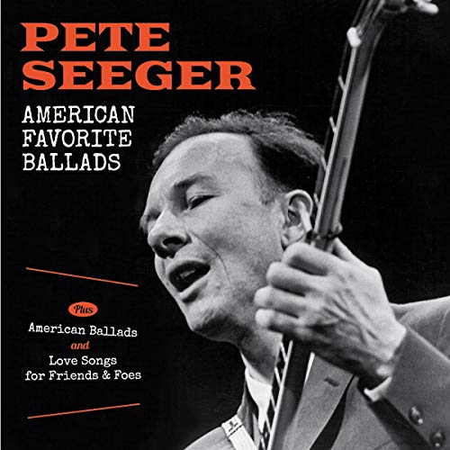 Pete Seeger's album cover featuring a black-and-white photo of him singing and playing banjo.