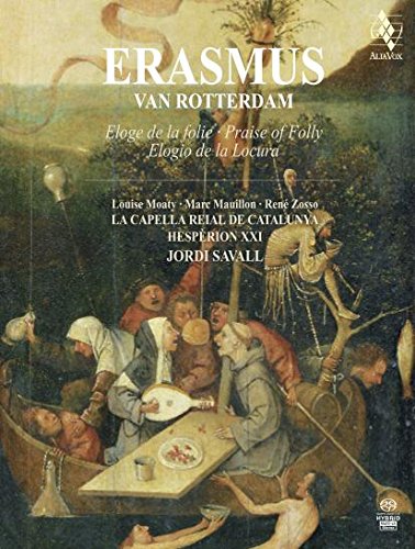 "CD cover with medieval painting of people feasting and musicians, with white text overlay."