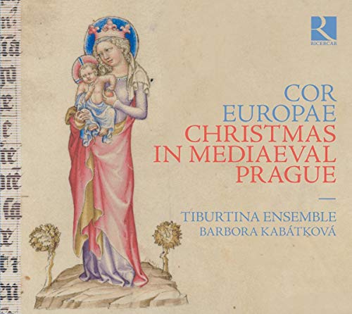 "CD cover with medieval illustration of Virgin Mary holding baby Jesus, text, and logo."