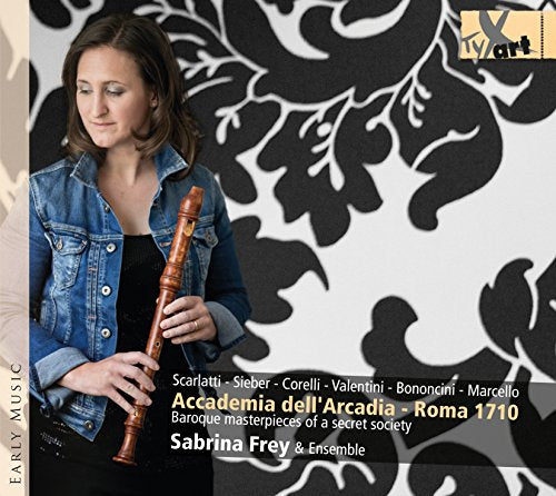 CD cover featuring a woman holding a recorder, black and white floral background.