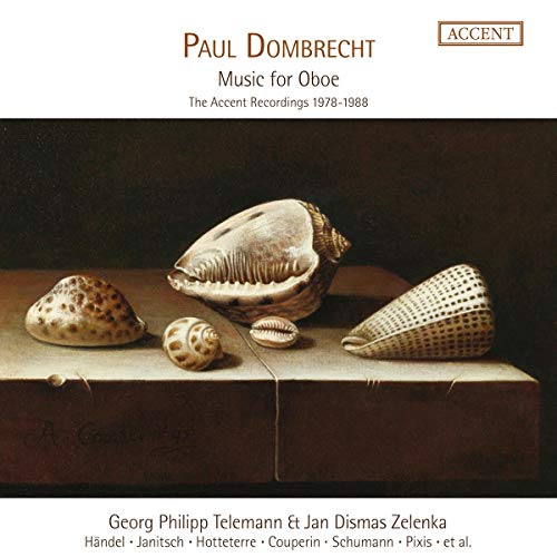 CD cover with seashells on a wooden surface, titled "Paul Dombrecht - Music for Oboe".