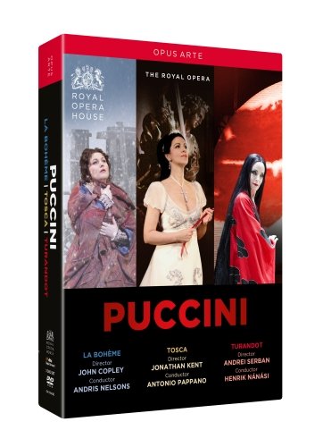 "Puccini DVD cover featuring three opera scenes with characters in period costumes."