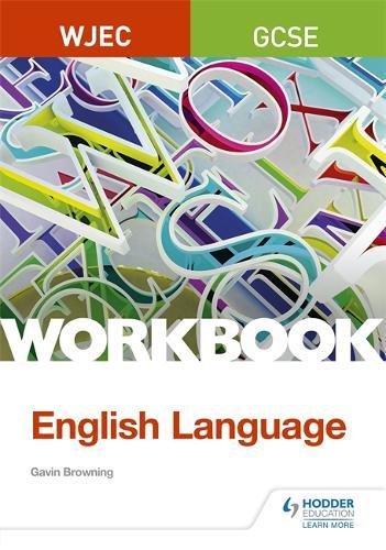 "WJEC GCSE English Language Workbook cover with multicolored letters and magnifying glass."