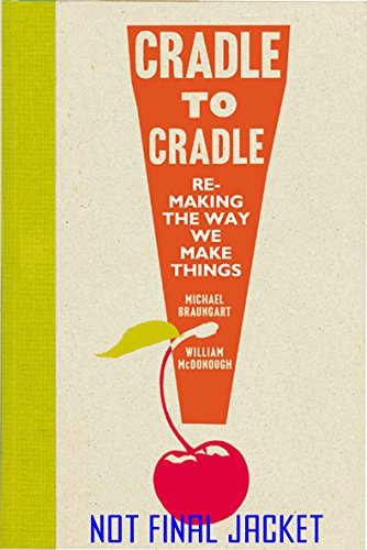 The image depicts the cover of the book "Cradle to Cradle." Alt text: Book cover with orange cone-shaped design and red cherry illustration on beige background.