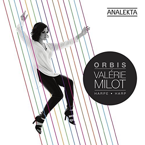 "Album cover with a woman surrounded by colorful strings, white background, and black text."