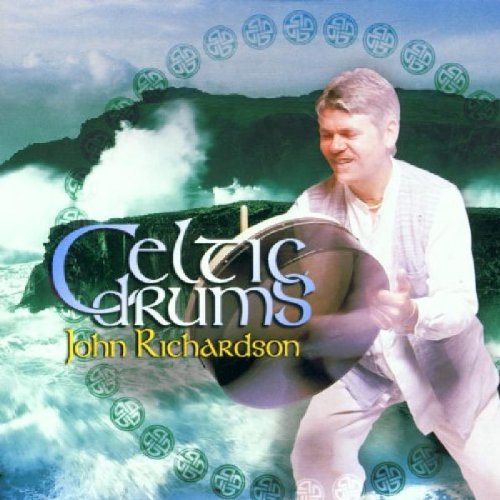 "Celtic Drums" CD cover featuring a man holding a drum against a rocky coastline.