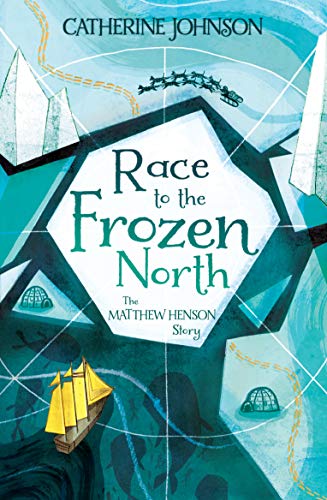 "Book cover with icy blue background, yellow ship, and title 'Race to the Frozen North'."