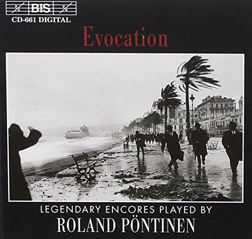 "CD cover with black and white beach scene and red title 'Evocation'."