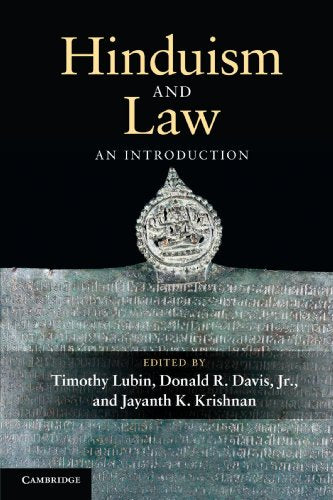 "Hinduism and Law: An Introduction" book cover with ornate silver seal on black and grey background.