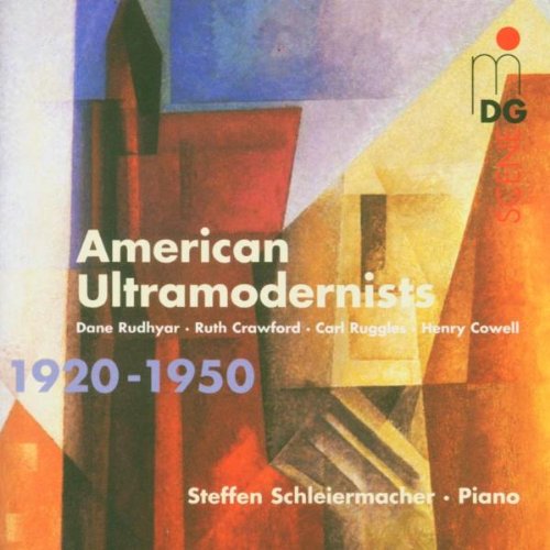 "CD cover with abstract geometric background, featuring 'American Ultramodernists' title and composer names."
