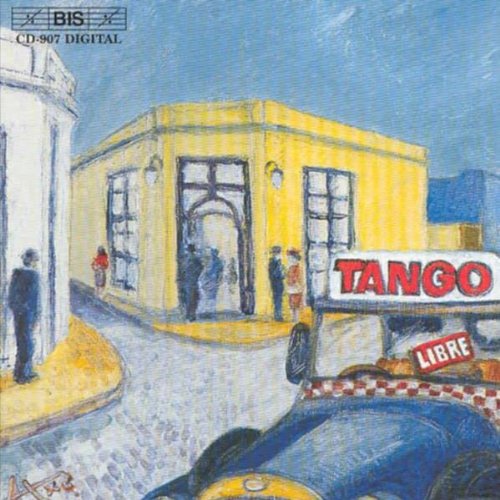 "Album cover art: yellow building with 'TANGO LIBRE' sign, people outside, blue sky."