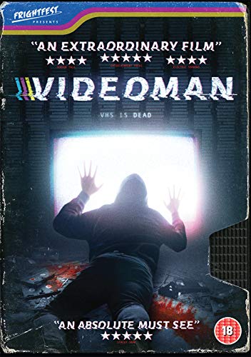 DVD cover for "Videoman" showing a person emerging from a TV screen with blood.