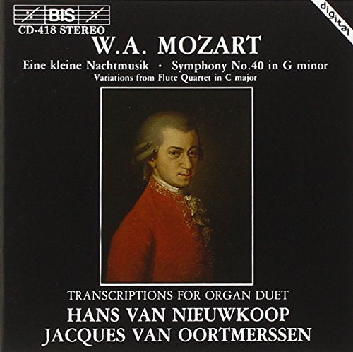 "CD cover with portrait of Mozart in red coat on black background."