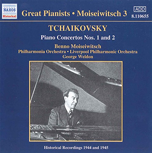 "Blue CD cover with pianist Benno Moiseiwitsch at the piano, historical recording information."