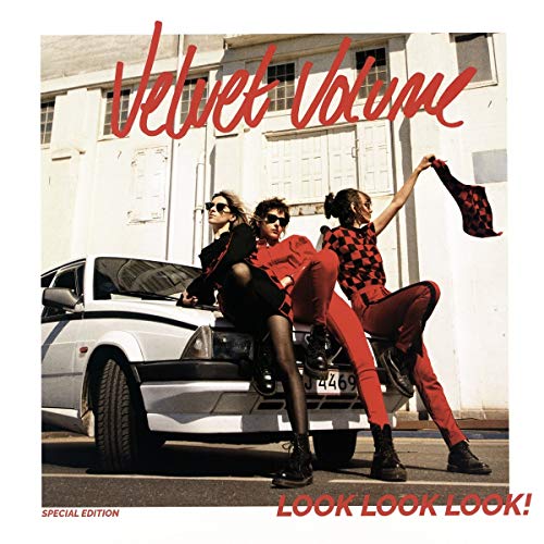 "Album cover with three women posing beside a white car, red text on white background."